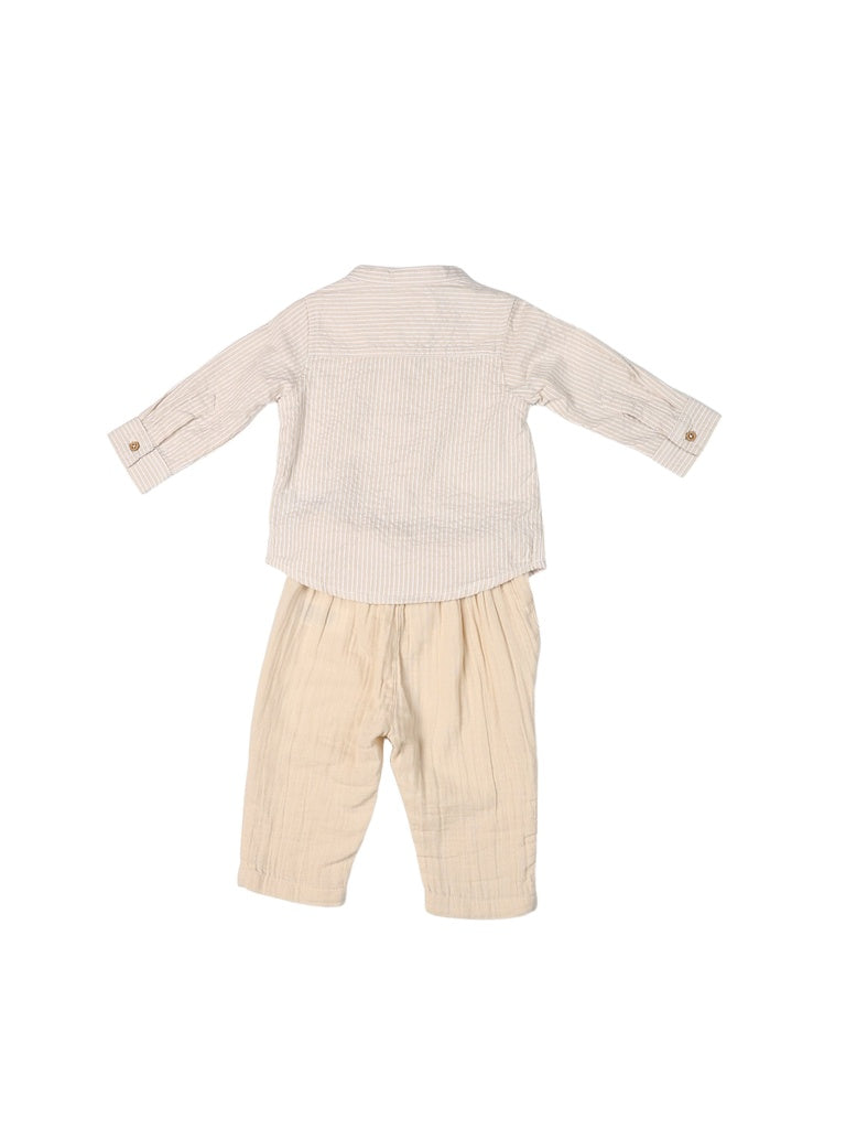 HOP Baby Boys Beige Striped Cotton Shirt and Pants Set