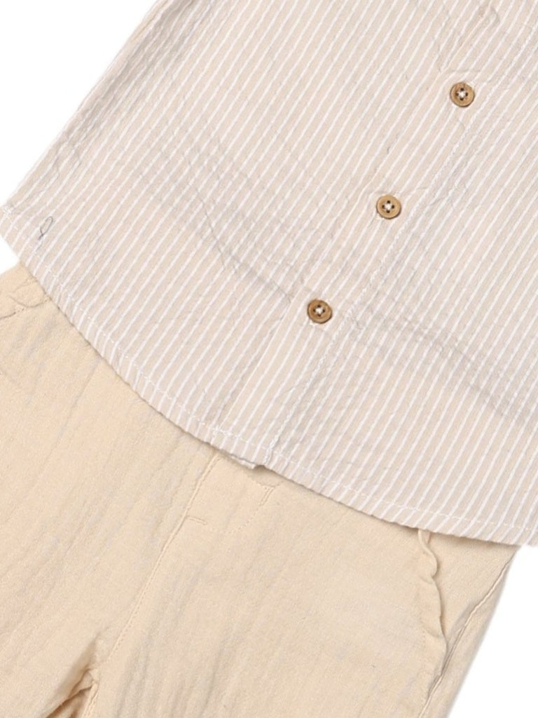 HOP Baby Boys Beige Striped Cotton Shirt and Pants Set