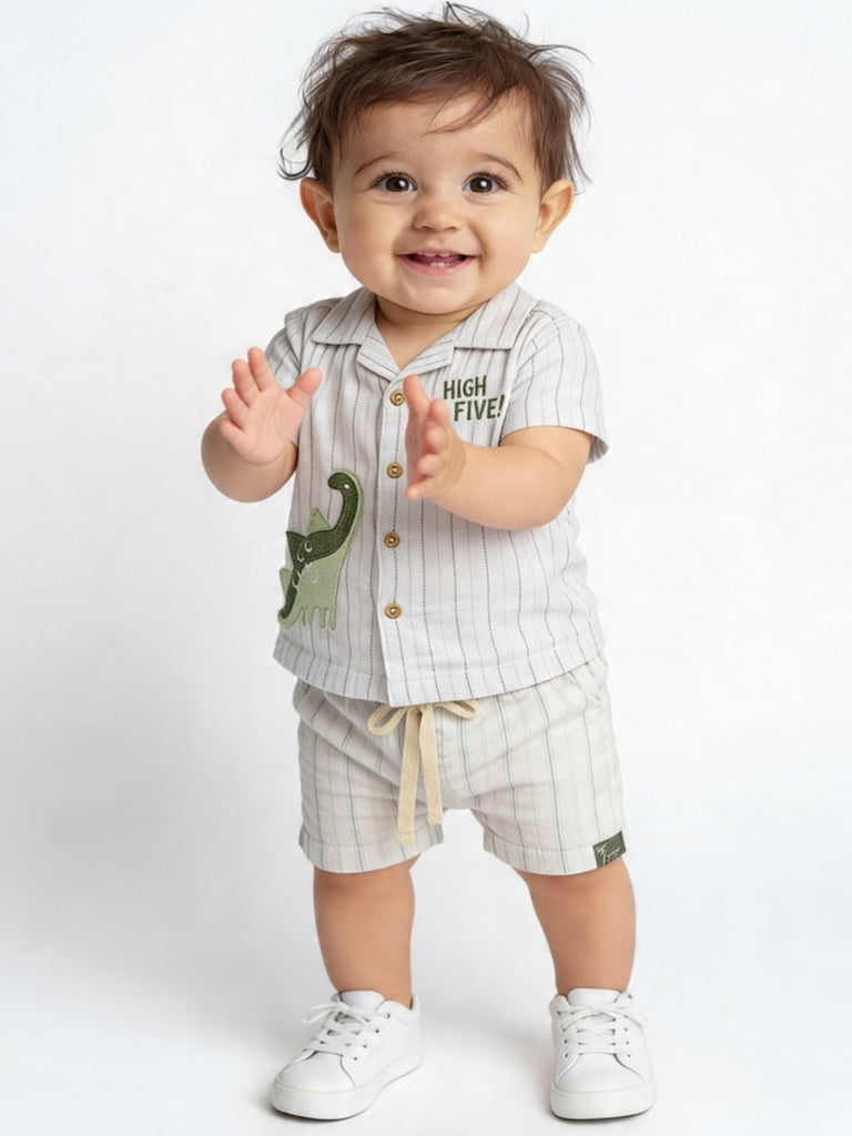 HOP Baby Boys White Striped Cotton Shirt and Shorts Set