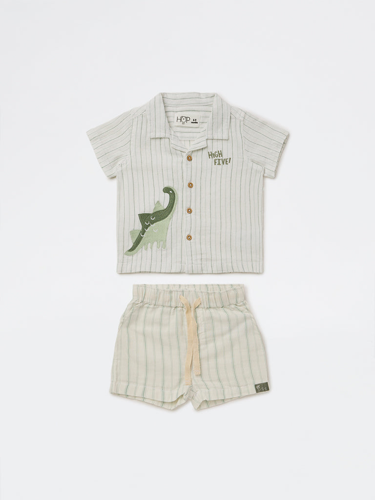 HOP Baby Boys White Striped Cotton Shirt and Shorts Set