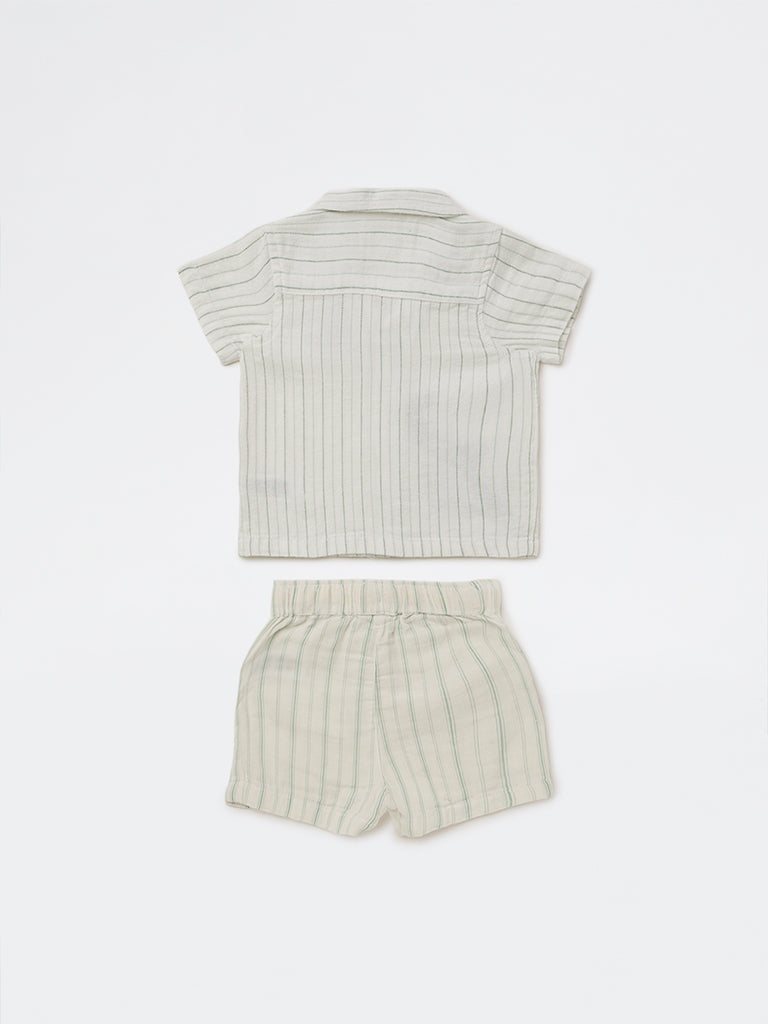 HOP Baby Boys White Striped Cotton Shirt and Shorts Set
