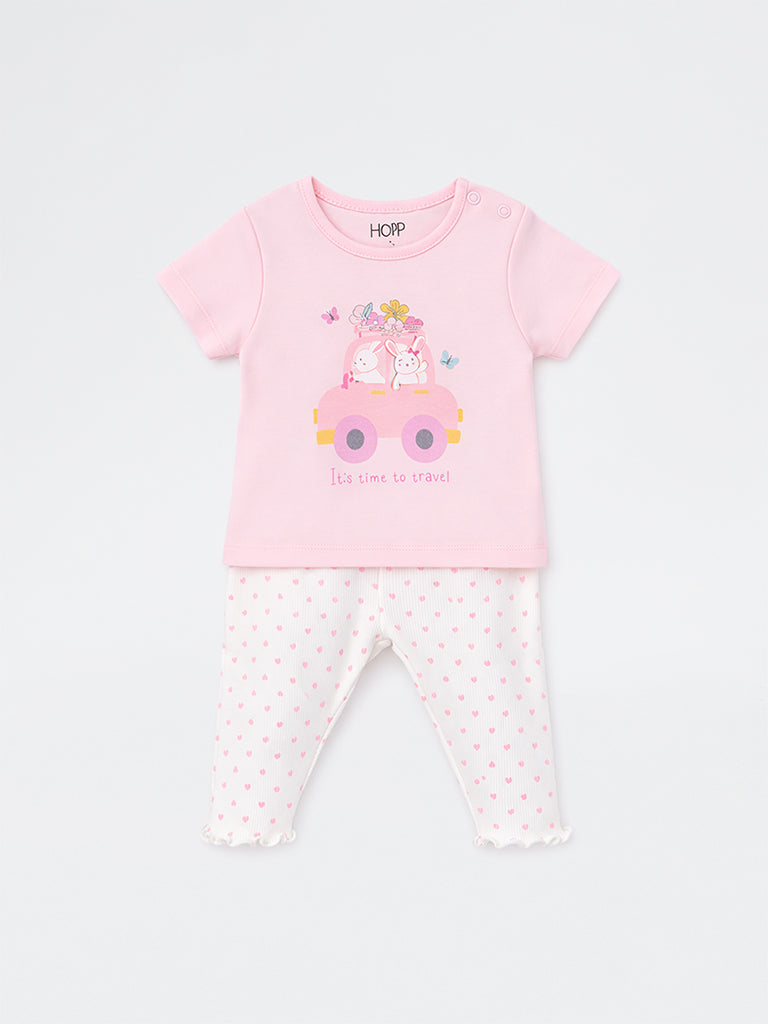 2-Piece HOP Baby Girls Pink Printed Cotton Set