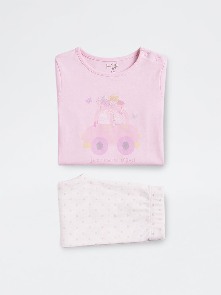 2-Piece HOP Baby Girls Pink Printed Cotton Set