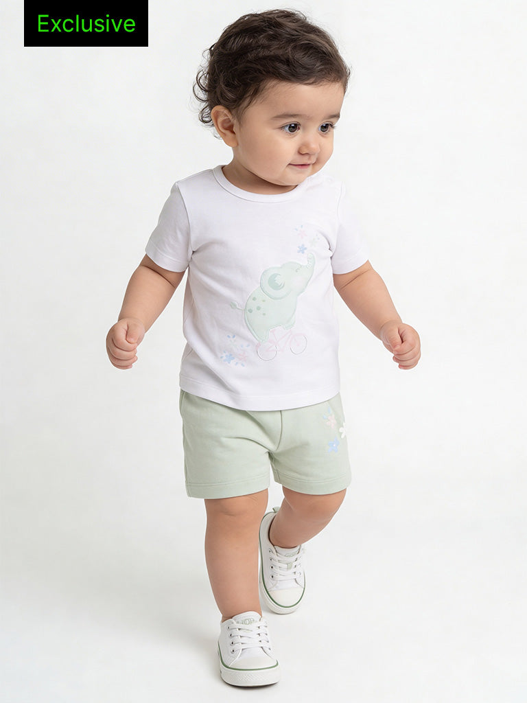 2-Piece HOP Baby Girls White Graphic Printed Cotton Set