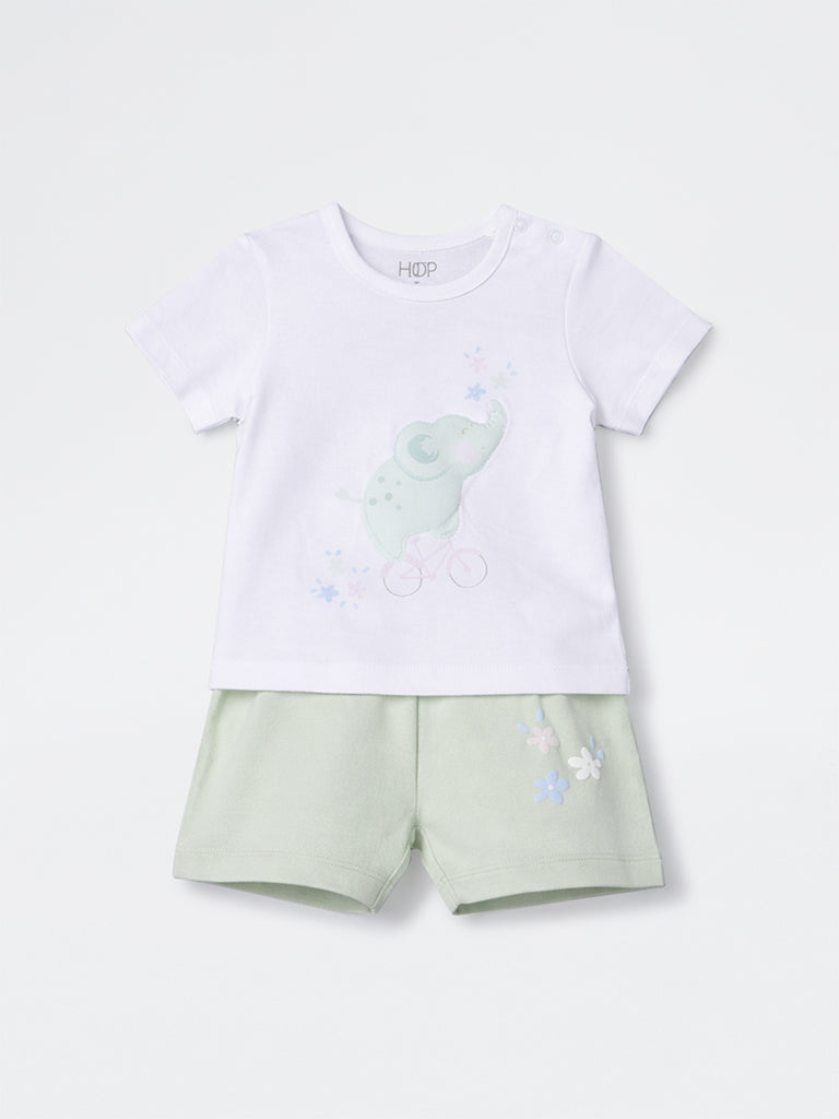2-Piece HOP Baby Girls White Graphic Printed Cotton Set