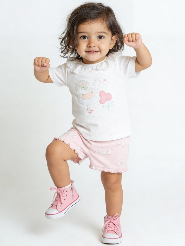 HOP Baby Girls White Printed Cotton T-Shirt and Shorts Set