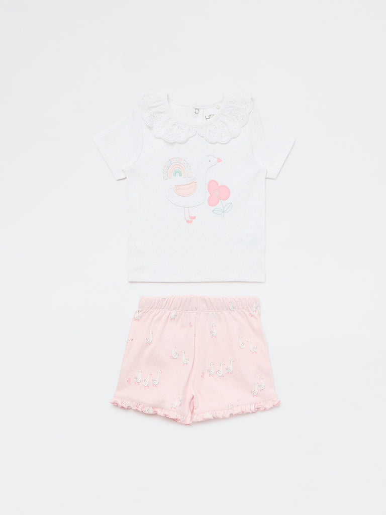 HOP Baby Girls White Printed Cotton T-Shirt and Shorts Set