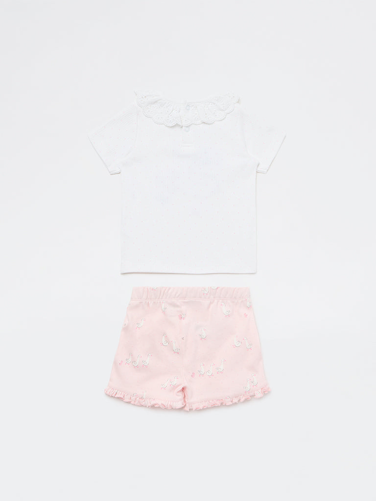 HOP Baby Girls White Printed Cotton T-Shirt and Shorts Set