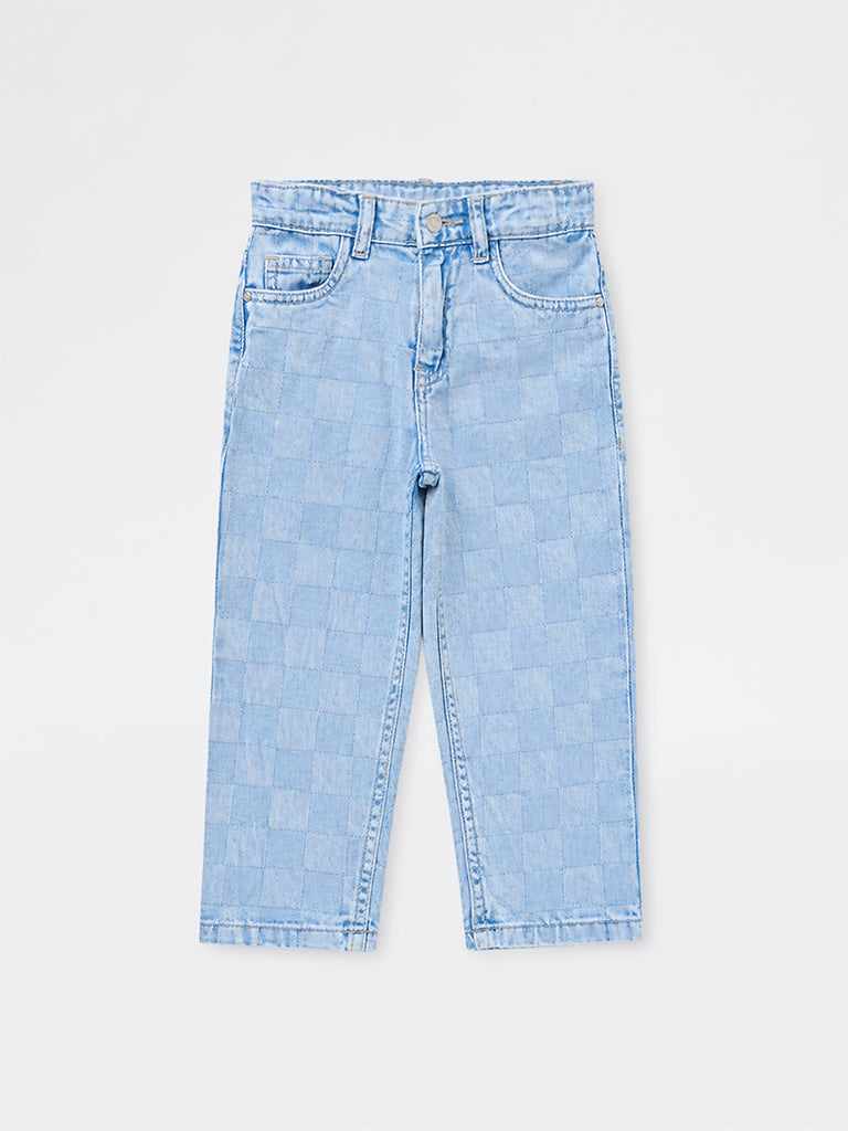 HOP Kids Boys Light Blue Checkered Mid-Rise Jeans
