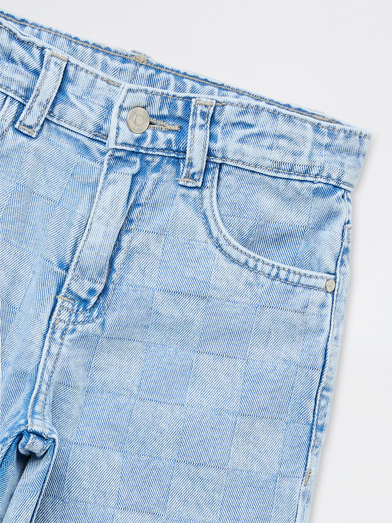 HOP Kids Boys Light Blue Checkered Mid-Rise Jeans