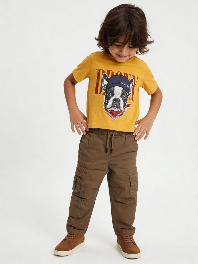 HOP Kids Boys Taupe Multi-Pocket Cotton-Blend Cargo Pants