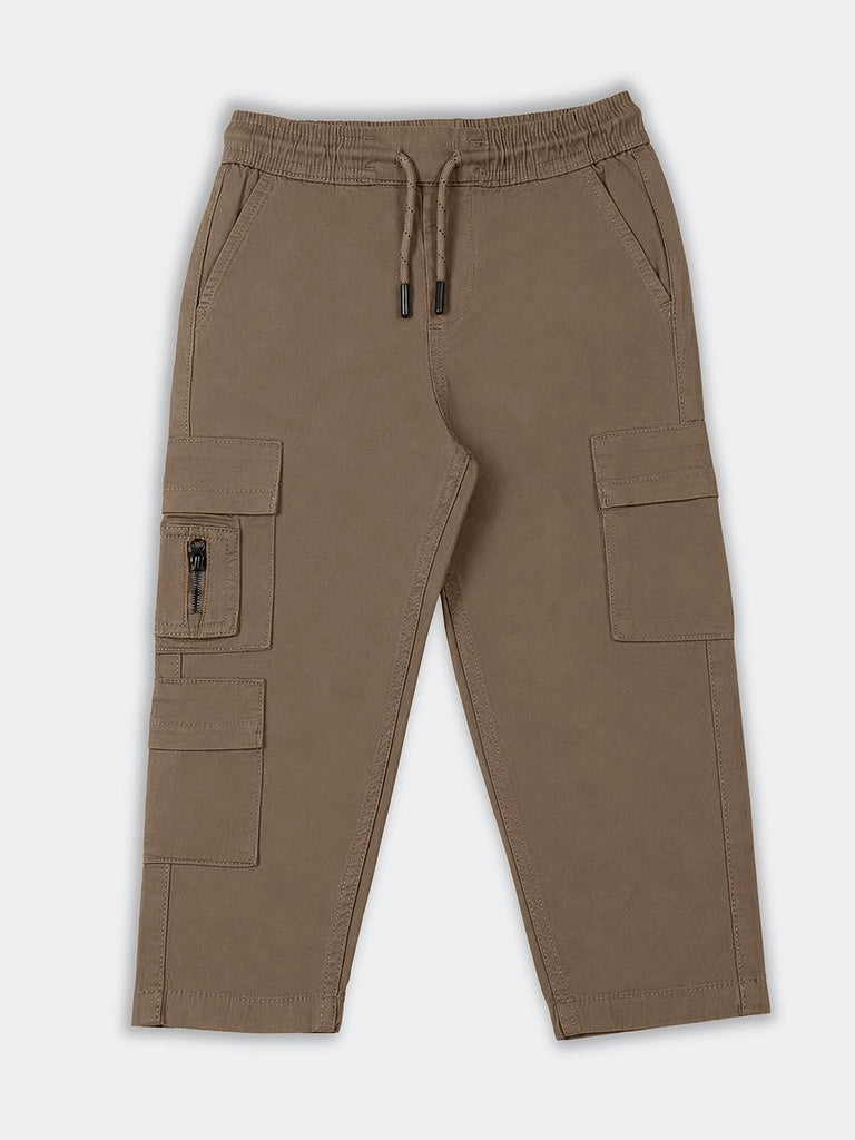 HOP Kids Boys Taupe Multi-Pocket Cotton-Blend Cargo Pants