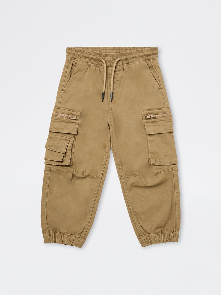 HOP Kids Boys Beige Mid-Rise Cotton-Blend Cargo-Style Joggers