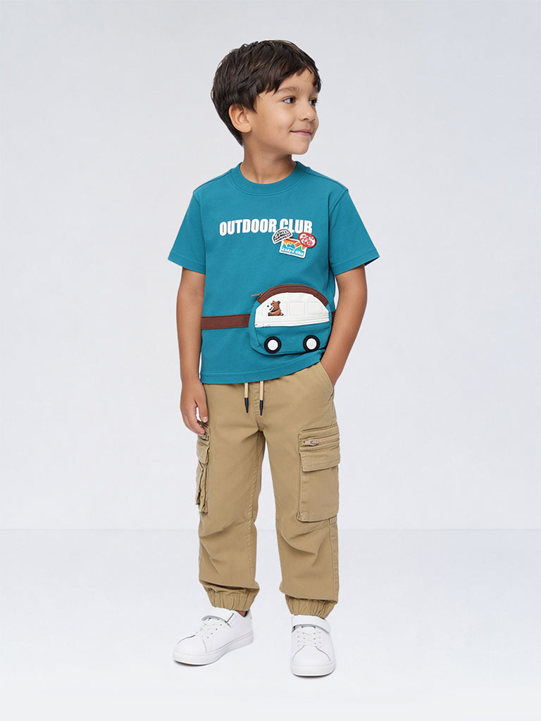 HOP Kids Boys Beige Mid-Rise Cotton-Blend Cargo-Style Joggers