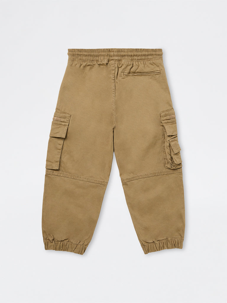 HOP Kids Boys Beige Mid-Rise Cotton-Blend Cargo-Style Joggers