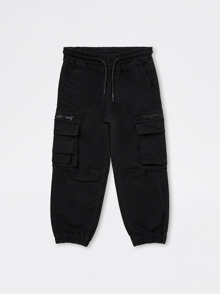 HOP Kids Boys Black Mid-Rise Cotton-Blend Cargo-Style Joggers