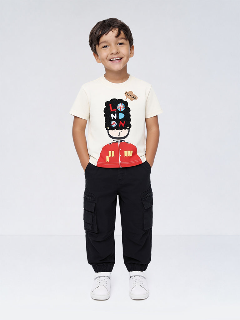 HOP Kids Boys Black Mid-Rise Cotton-Blend Cargo-Style Joggers