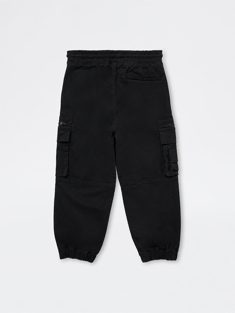 HOP Kids Boys Black Mid-Rise Cotton-Blend Cargo-Style Joggers
