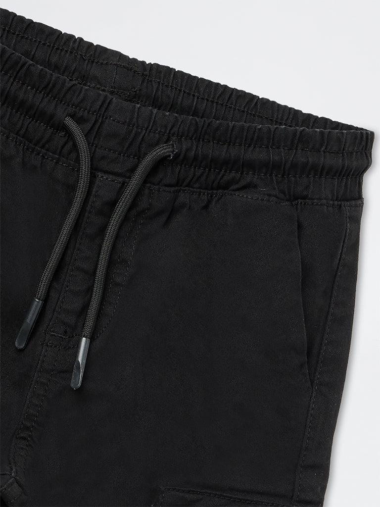 HOP Kids Boys Black Mid-Rise Cotton-Blend Cargo-Style Joggers