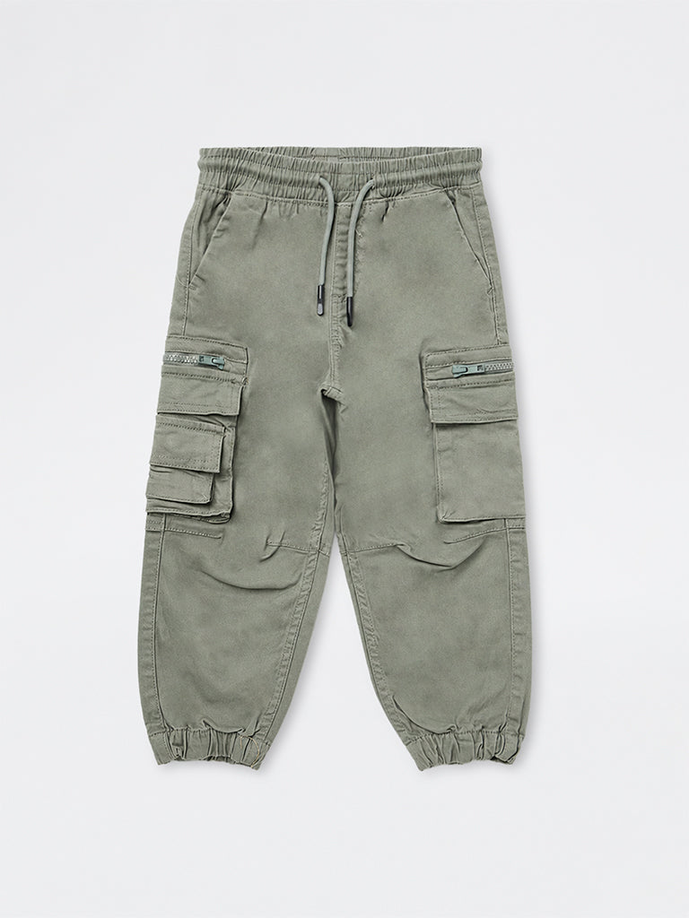 HOP Kids Boys Sage Green Mid-Rise Cotton-Blend Cargo-Style Joggers