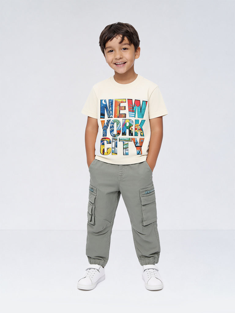 HOP Kids Boys Sage Green Mid-Rise Cotton-Blend Cargo-Style Joggers