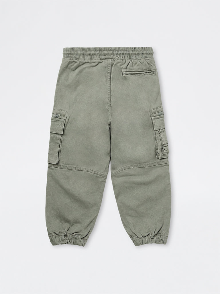 HOP Kids Boys Sage Green Mid-Rise Cotton-Blend Cargo-Style Joggers