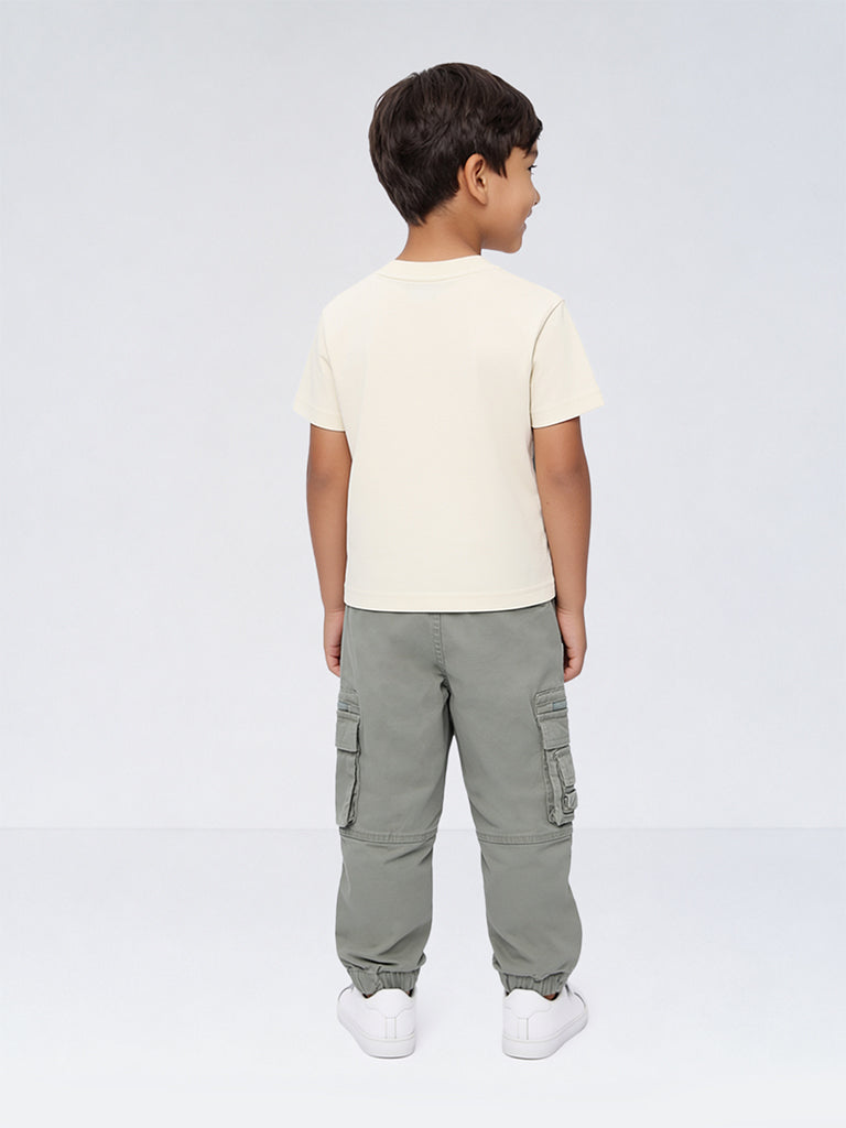 HOP Kids Boys Sage Green Mid-Rise Cotton-Blend Cargo-Style Joggers