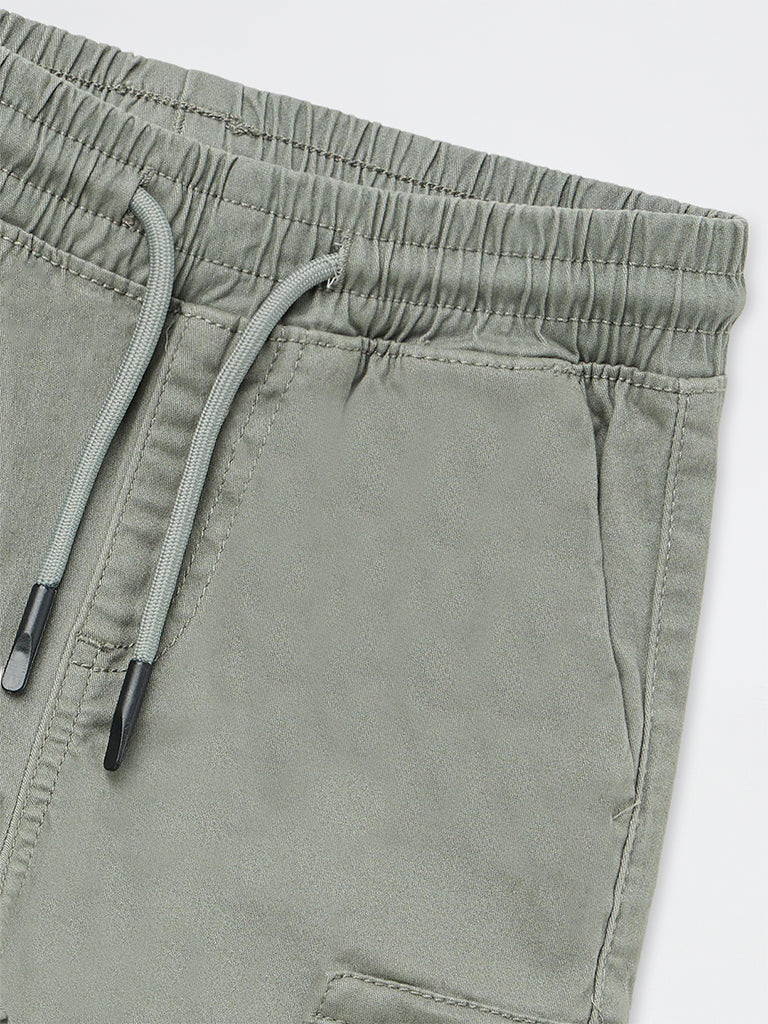 HOP Kids Boys Sage Green Mid-Rise Cotton-Blend Cargo-Style Joggers