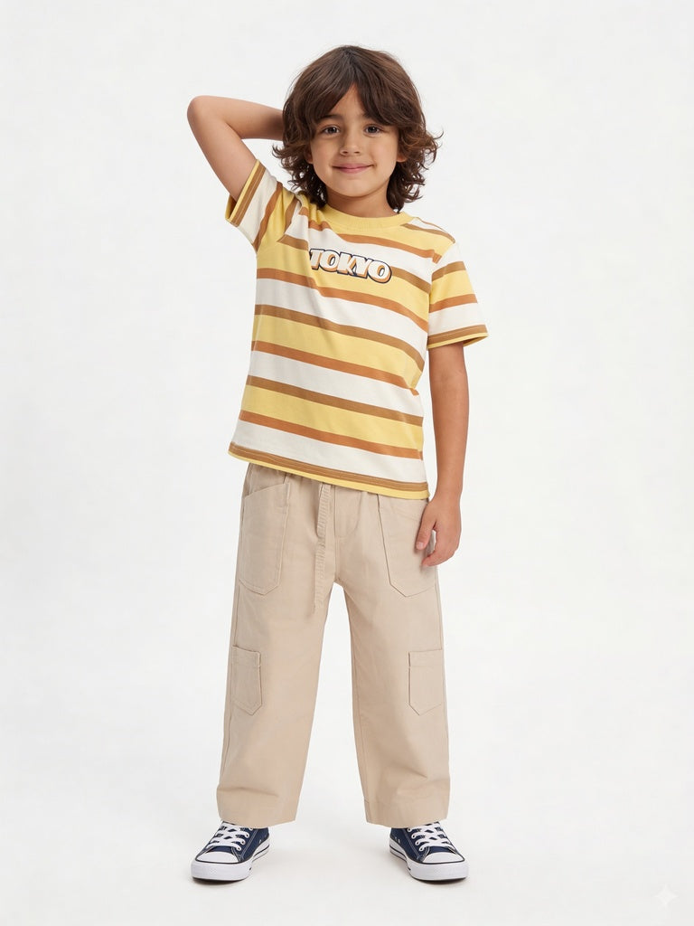HOP Kids Boys Stone Multi-Pocket Relaxed Fit Cotton Cargo Trousers