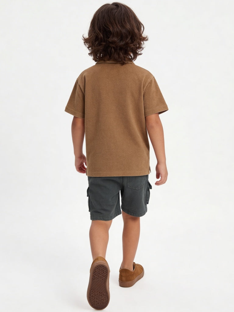 HOP Kids Boys Brown Embroidered Resort-Fit Cotton Shirt