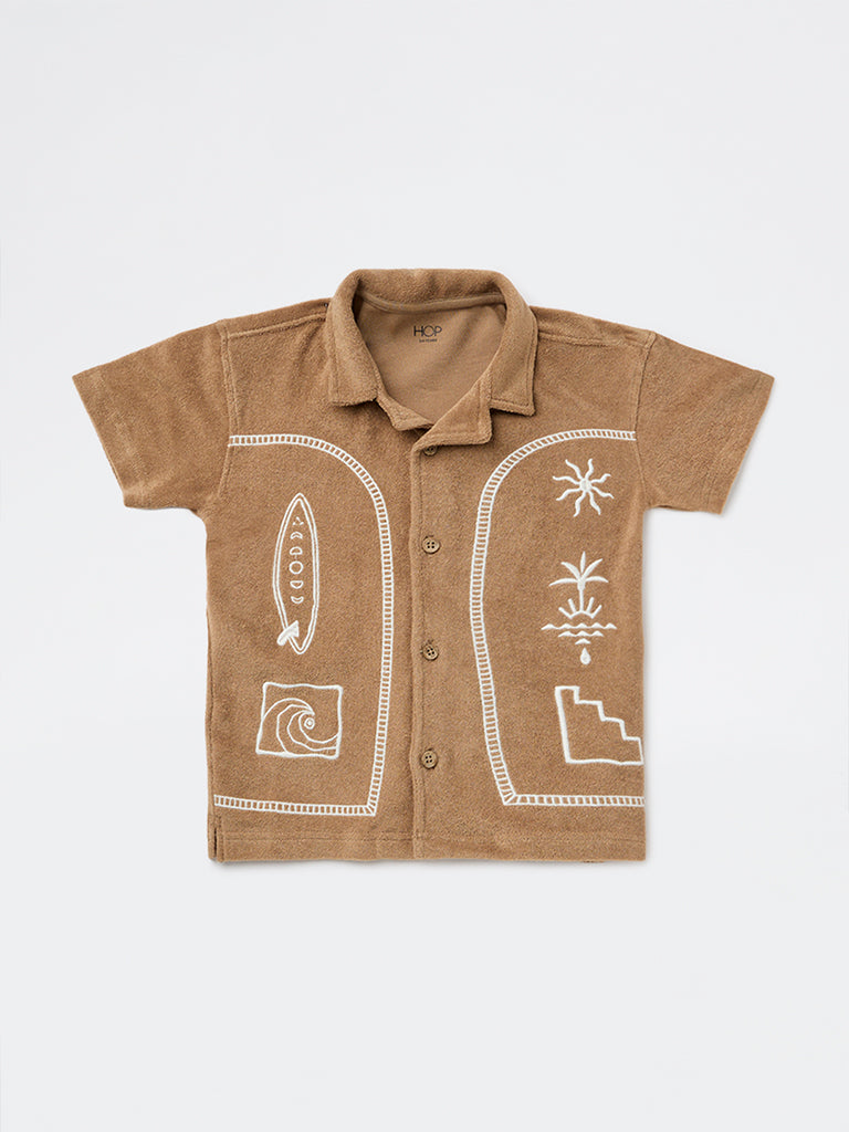 HOP Kids Boys Brown Embroidered Resort-Fit Cotton Shirt