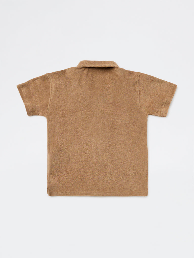 HOP Kids Boys Brown Embroidered Resort-Fit Cotton Shirt