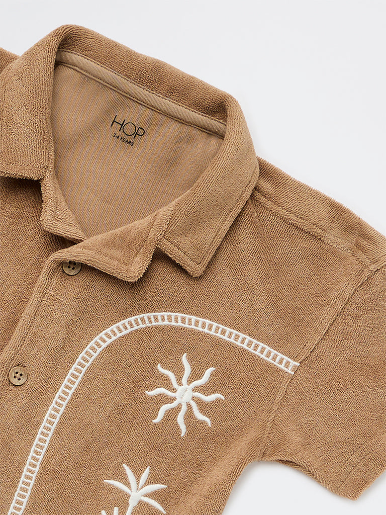 HOP Kids Boys Brown Embroidered Resort-Fit Cotton Shirt