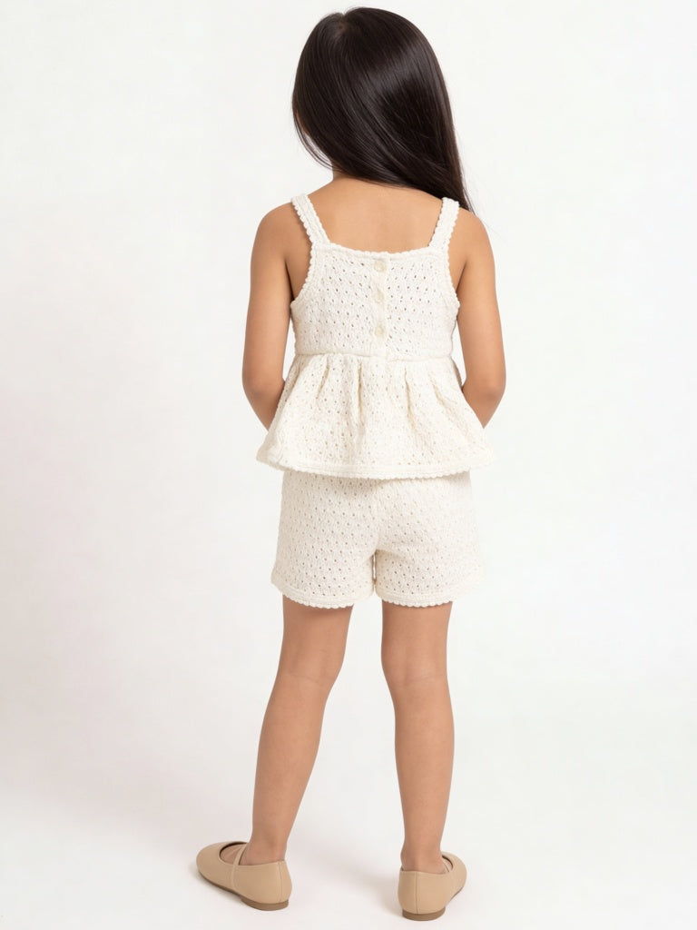 HOP Kids Girls Off-White Crochet-Knitted Cotton Top and Shorts Set