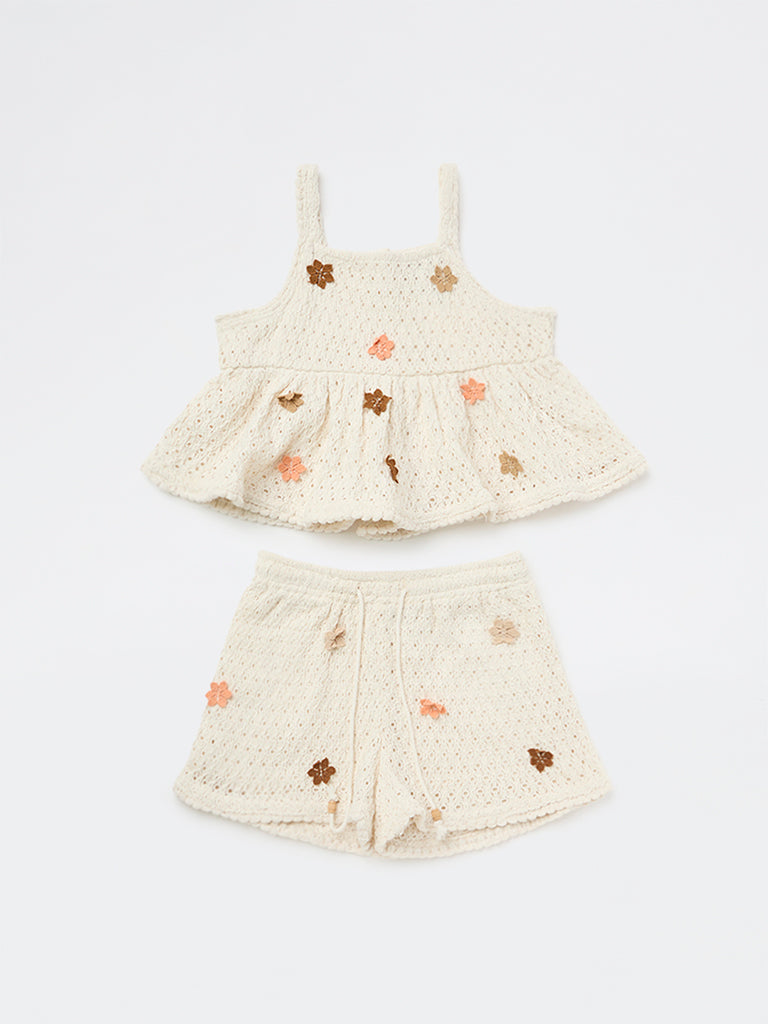 HOP Kids Girls Off-White Crochet-Knitted Cotton Top and Shorts Set