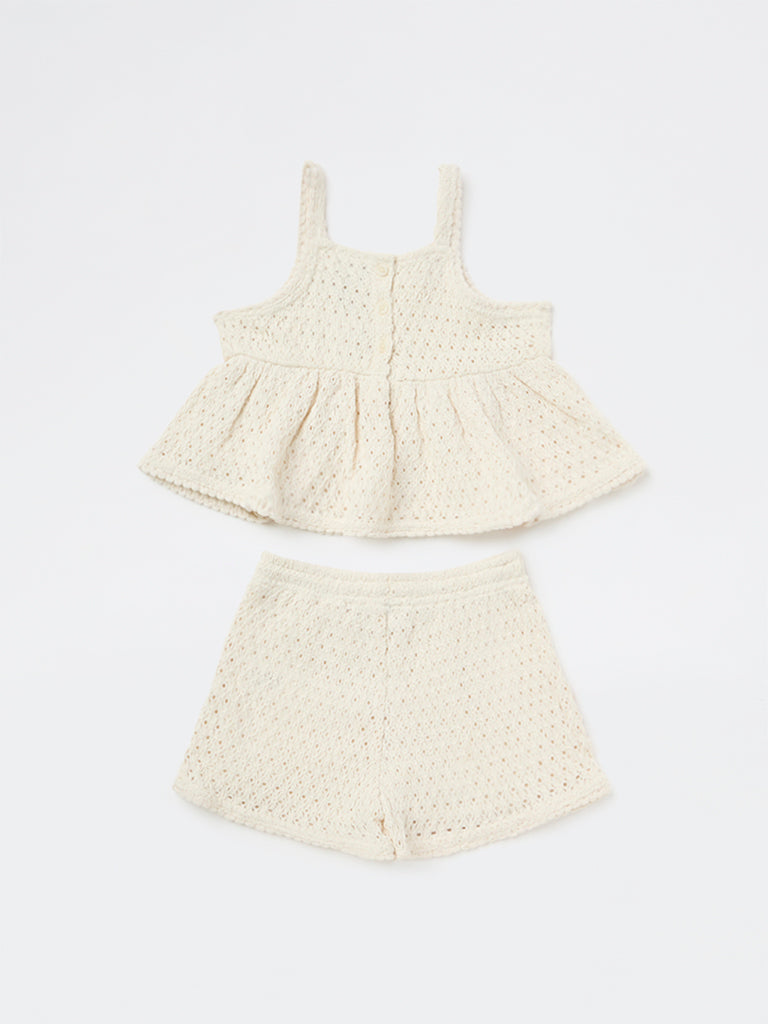 HOP Kids Girls Off-White Crochet-Knitted Cotton Top and Shorts Set