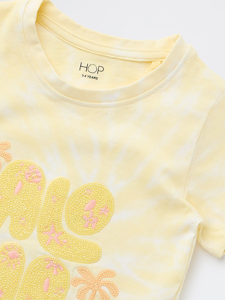 HOP Kids Girls Yellow Embroidered Cotton T-Shirt