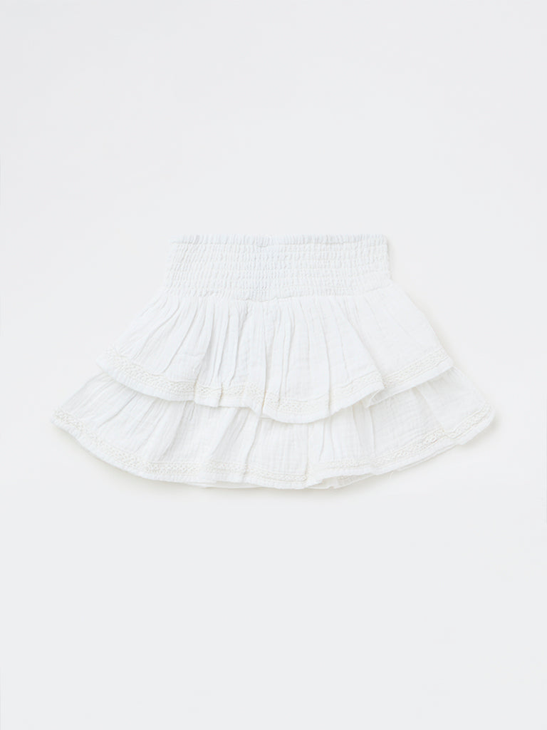 HOP Kids Girls White High-Rise Cotton Ruffled Skirt