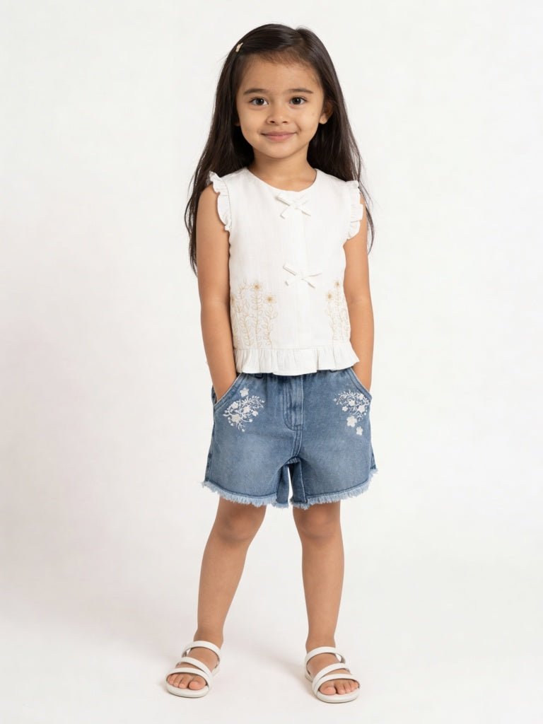 HOP Kids Girls Off-White Floral Embroidered Top