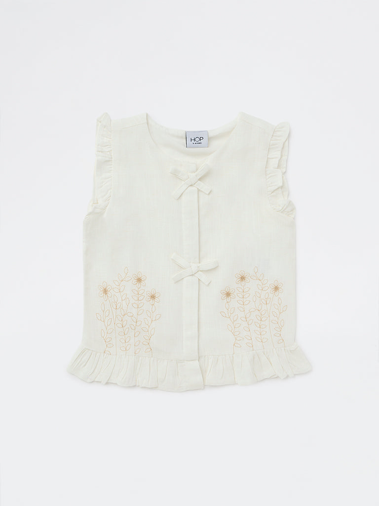 HOP Kids Girls Off-White Floral Embroidered Top