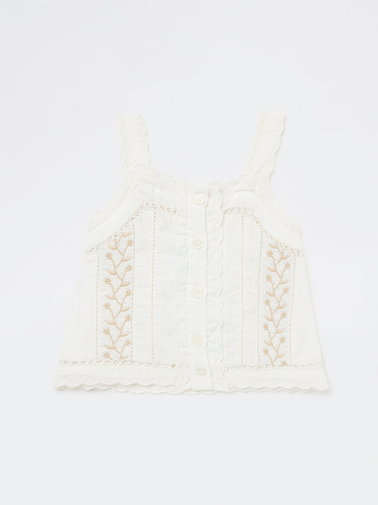 HOP Kids Girls Off-White Embroidered Cotton-Blend Top