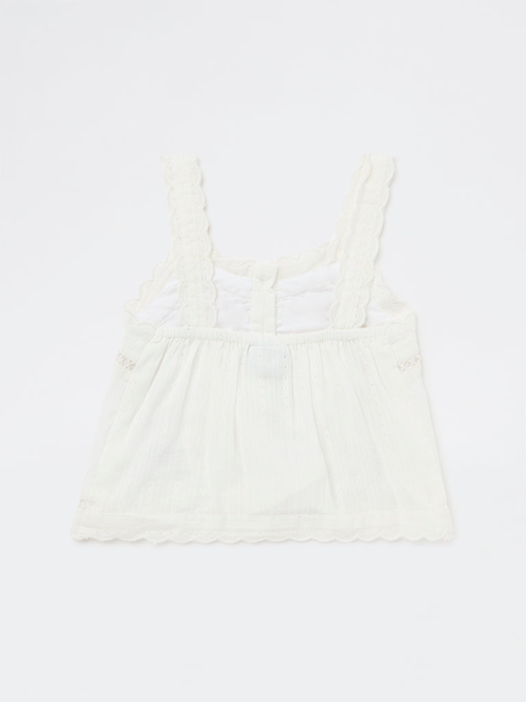 HOP Kids Girls Off-White Embroidered Cotton-Blend Top