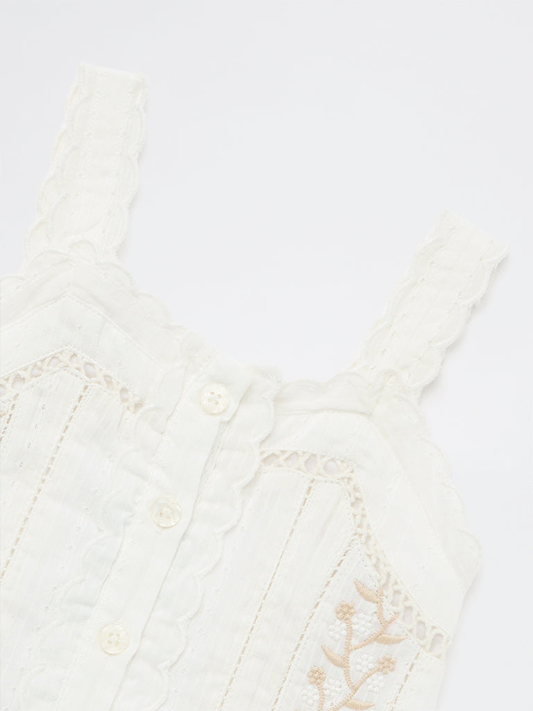 HOP Kids Girls Off-White Embroidered Cotton-Blend Top