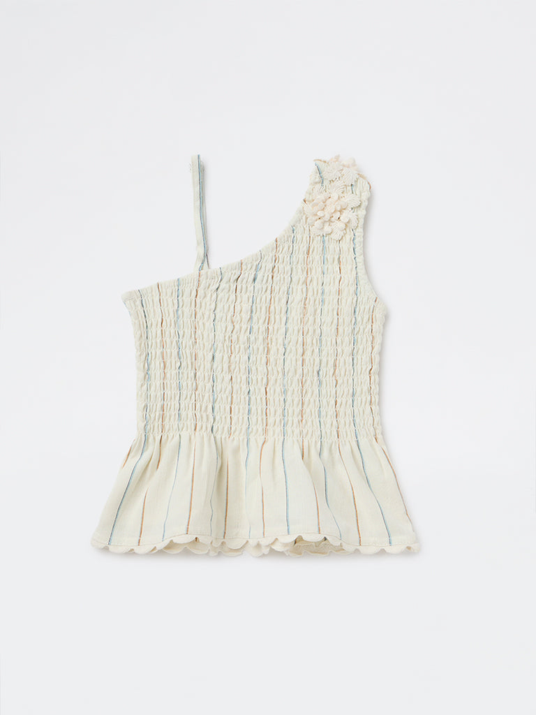 HOP Kids Girls Off-White Smocked One-Shoulder Cotton Top