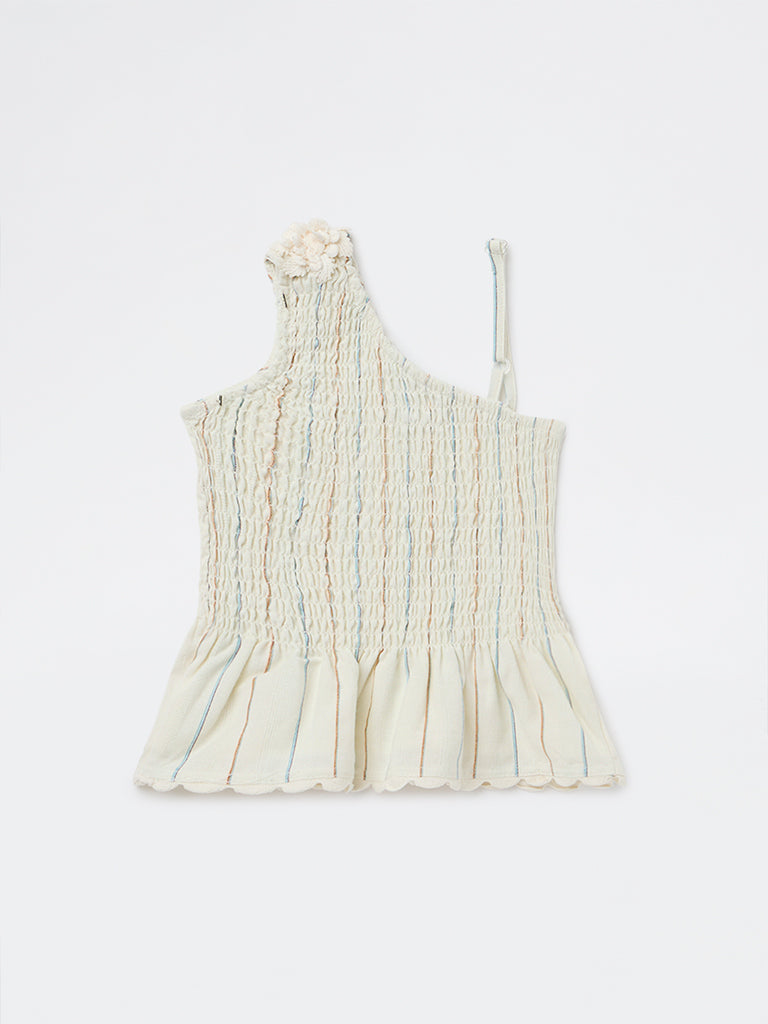 HOP Kids Girls Off-White Smocked One-Shoulder Cotton Top