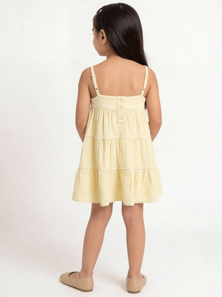 HOP Kids Girls Light Yellow Cotton Tiered Dress