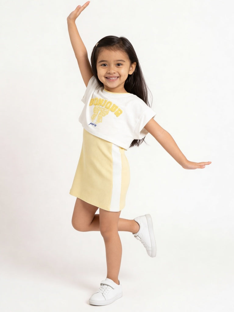 HOP Kids Girls Off-White Embroidered Cotton-Blend T-Shirt and Dress Set