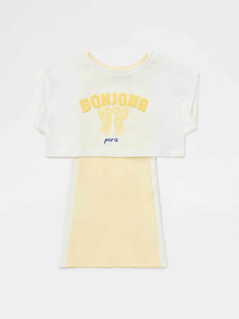 HOP Kids Girls Off-White Embroidered Cotton-Blend T-Shirt and Dress Set