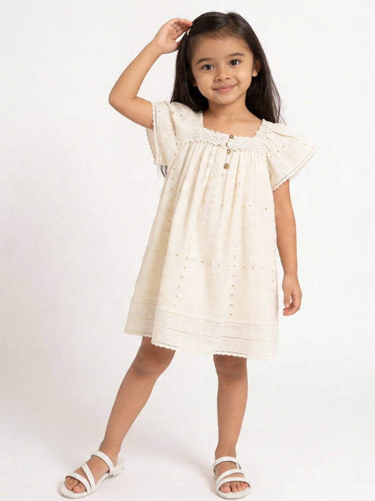HOP Kids Girls Light Yellow Schiffli Design A-Line Dress