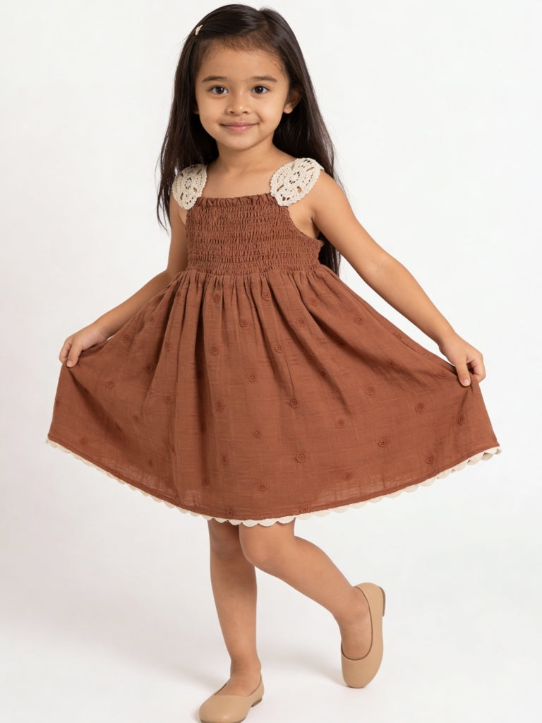 HOP Kids Girls Brown Embroidered Cotton A-Line Dress